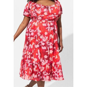 Torrid Midi Dress Size 4X Shady Rose Floral Sheer Overlay Smocked Sweetheart Tie